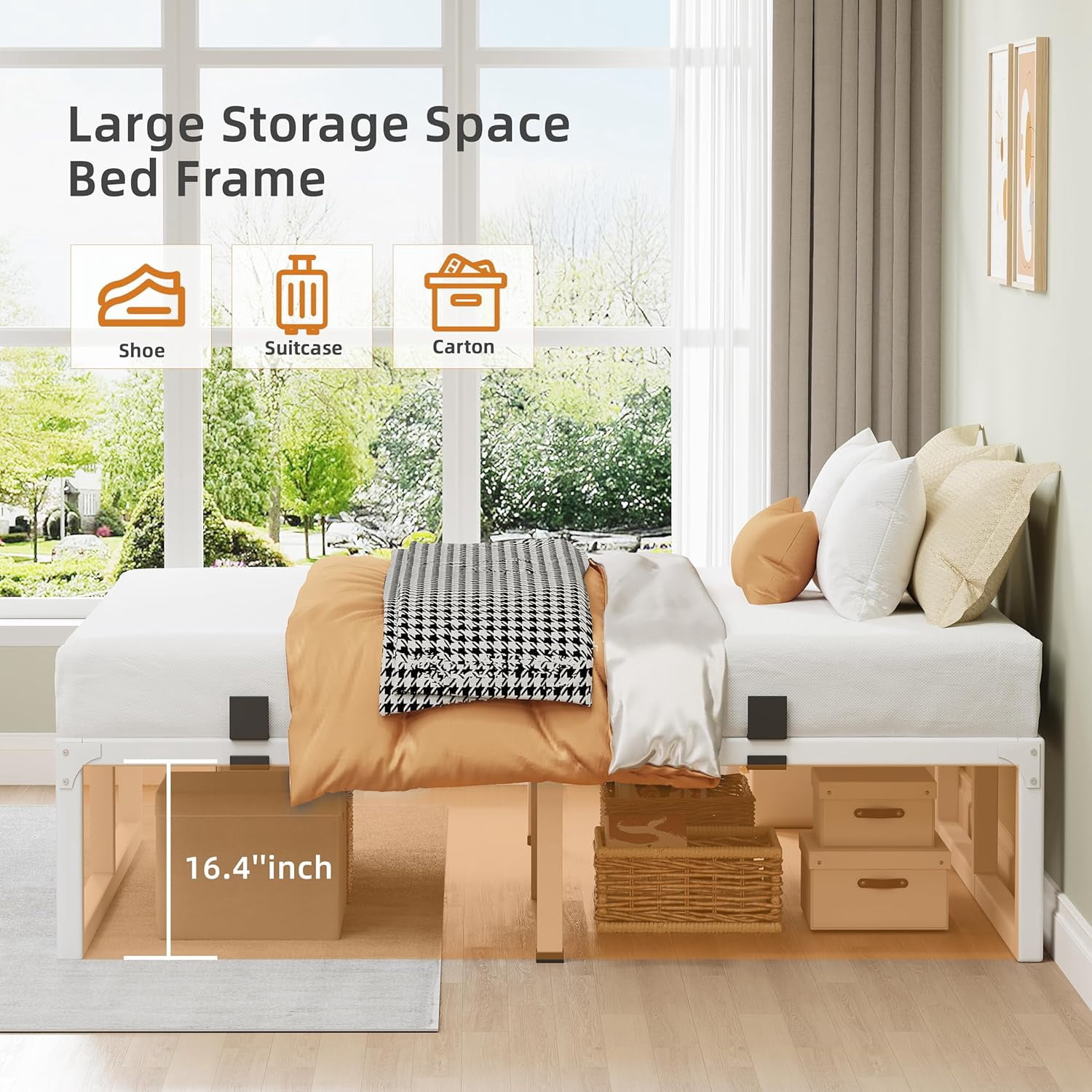 18-Inch White King Size Metal Platform Bed Frame with Squeak-Free U-Slot Design, 3500 lbs Capacity, Under Bed Storage, No Box Spring Needed