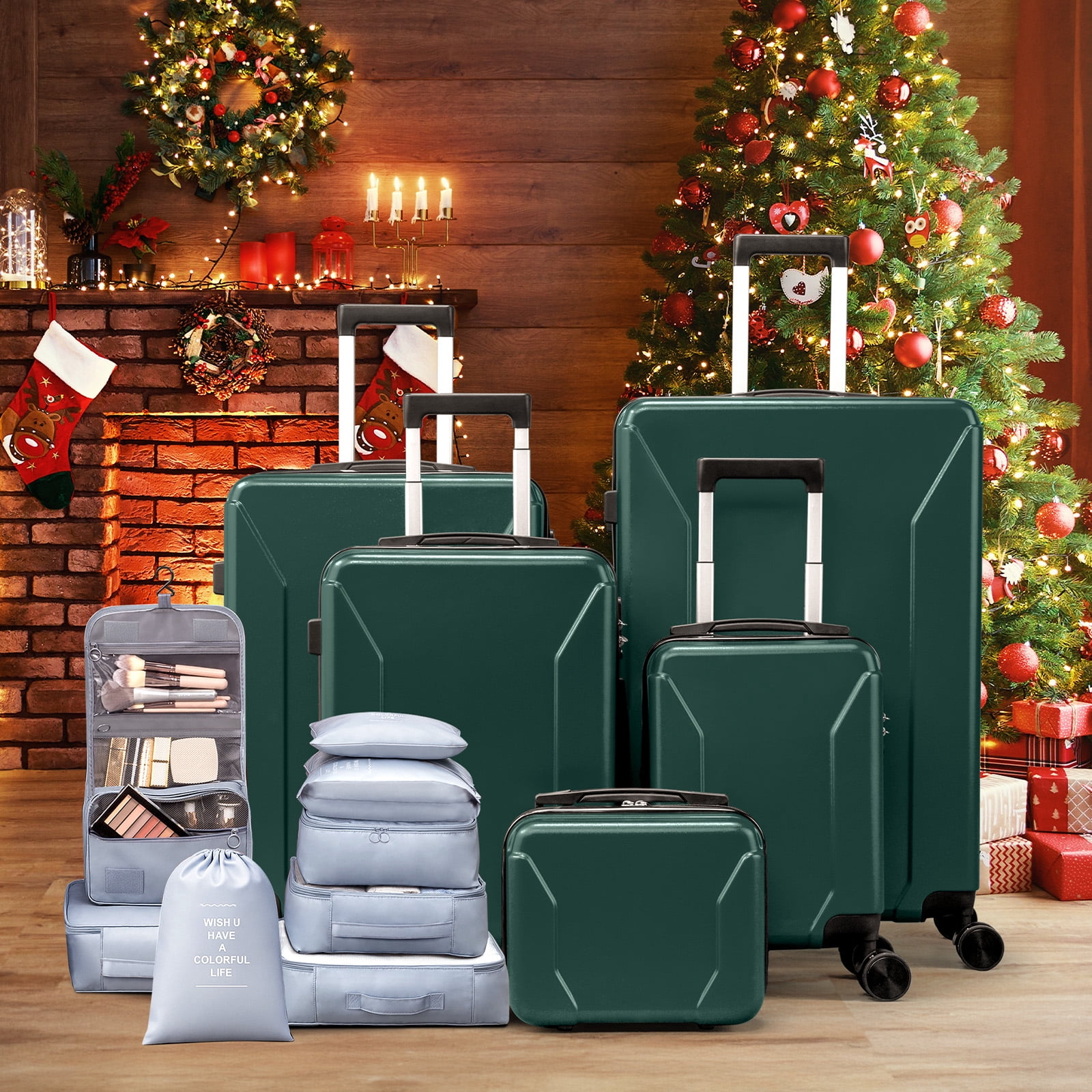 Zimtown 5-Piece Luggage Set with 8 Packing Cubes, Hard Shell Suitcase Set with Spinner Wheels Built-in TSA Lock, Green