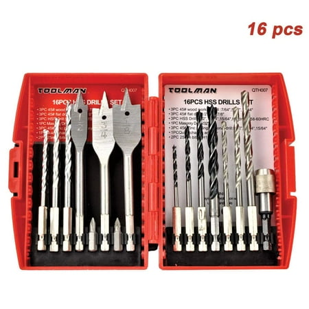 Toolman Drill Bit Set Universal Fit 16pc for Wood Masonry Plating Manonry Hss Flat Set works with DeWalt Makita