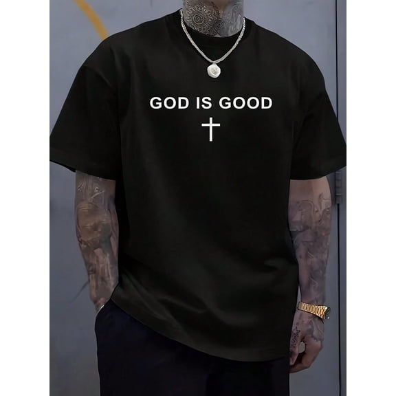 God Is Good Christian Graphic T-Shirt for Men, Inspirational Faith Cross Print Crew Neck Short Sleeve Casual Cotton Tee