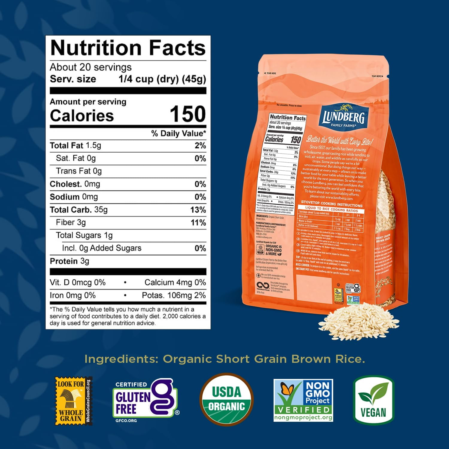 Lundberg Organic Sprouted Short Brown Rice 16 oz Pack of 2