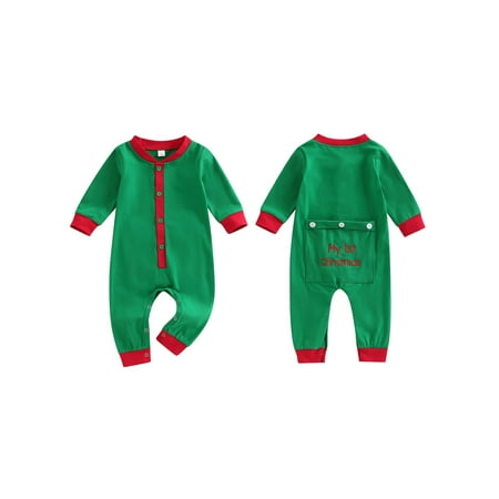 

xingqing 0-24 Months Christmas Newborn Baby Boy Romper Letter Print Long Sleeve Button One Piece Jumpsuit for Xmas Green 6-12 Months
