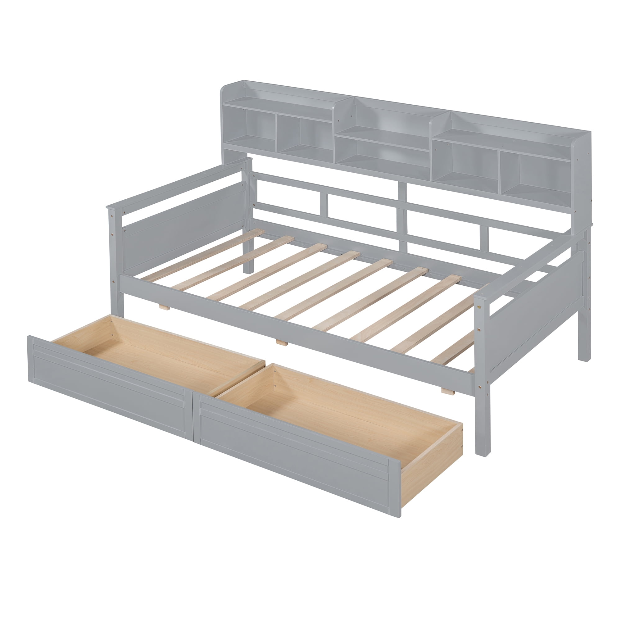 Euroco Wood Twin Size Platform Bed with 2 Drawers, Captain Bed with Storage Shelves, Gray