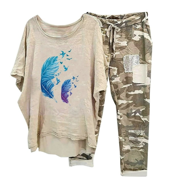 Ensembles pour Femmes 2 Pcs Tenues Imprimé Col Rond Manches Mi-Longues Chandail Chemise Hauts + Pantalon Ensemble Confortable pour Femmes en Liquidation