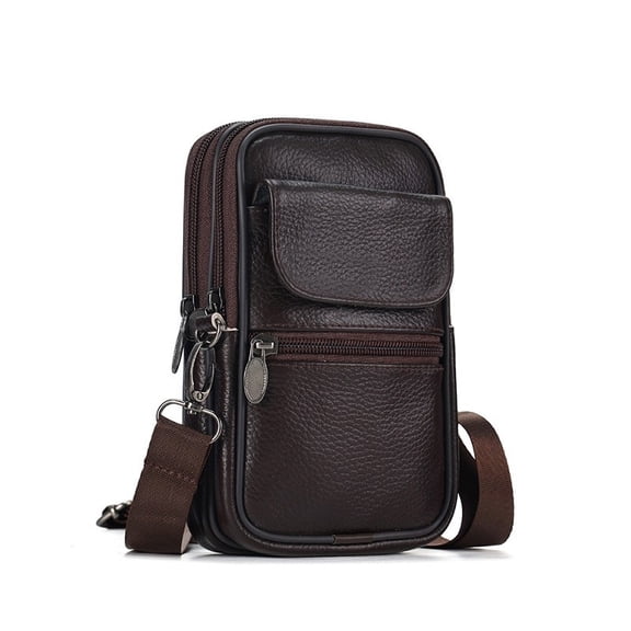 Genuine Leather Waist Bag Gift for Man Small Crossbody Shoulder Bag Business Belt Pouch Pocket Fannypack Zipper Coin Purse Male Wallet Sport Run Phone Money bag Vertical Multifunctional Messenger Bag