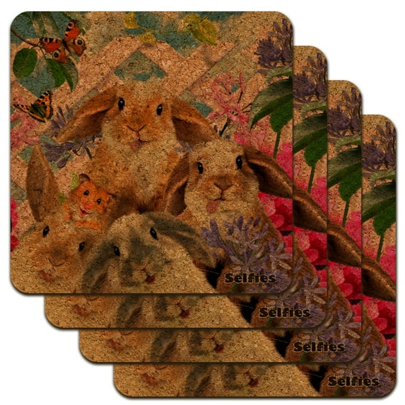 Rabbits Bunnies Hampster Backyard Flower Selfie Low Profile Novelty Cork Coaster Set