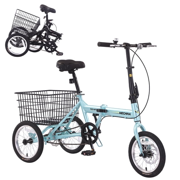 Folding Tricycle for Adults, 14 Inch 3 Wheel Bikes for Adults with Basket, 95% Pre-Assembled Collapsible Steel Frame 14*1.75 Tires Single Speed Adult Trike for Shopping and Outdoor Travel, Light Blue