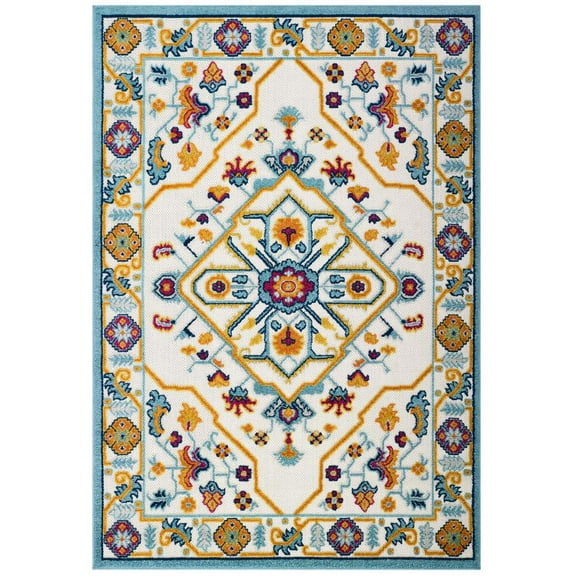 Modway Reflect Freesia Distressed Floral Vintage Medallion 5x8 Indoor and Outdoor Area Rug in Multicolored