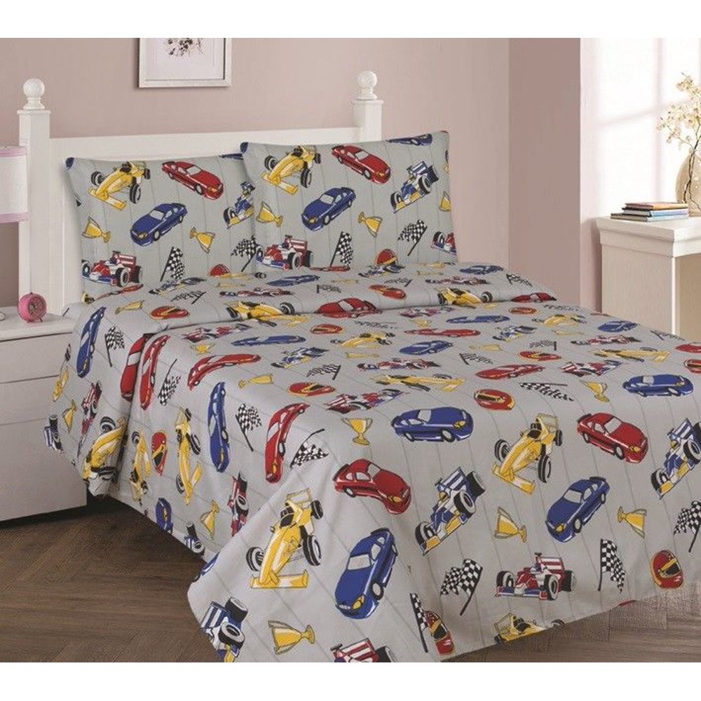 RACE CAR Full Size 4Piece Kids Printed Microfiber Bedding Sheet Set 1