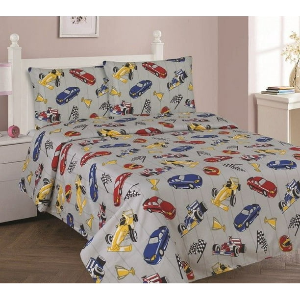 RACE CAR Full Size 4Piece Kids Printed Microfiber Bedding Sheet Set 1