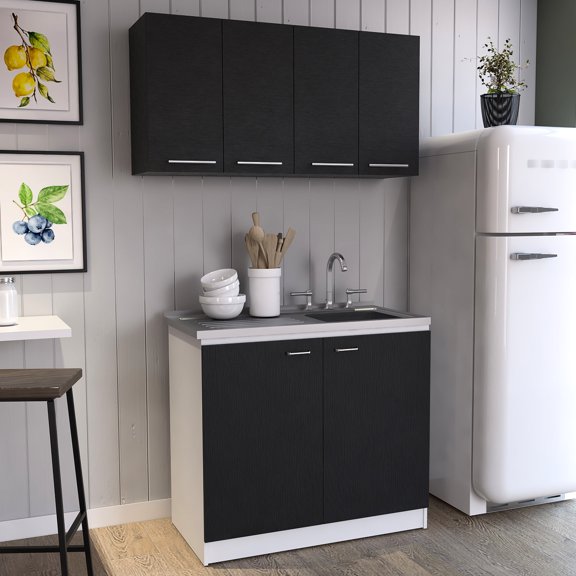 Kitchen : 2 Of Wall Cabinet And Sink Cabinet. Black White Theme. Stainless Steel Countertop. Functional Storage. Faucet Not In Package With Utility Sink. Finish. Spacious Storage Cabinets. Included