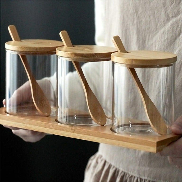 Glass Jar Set With Bamboo Lids , Tray & Bamboo Spoons 