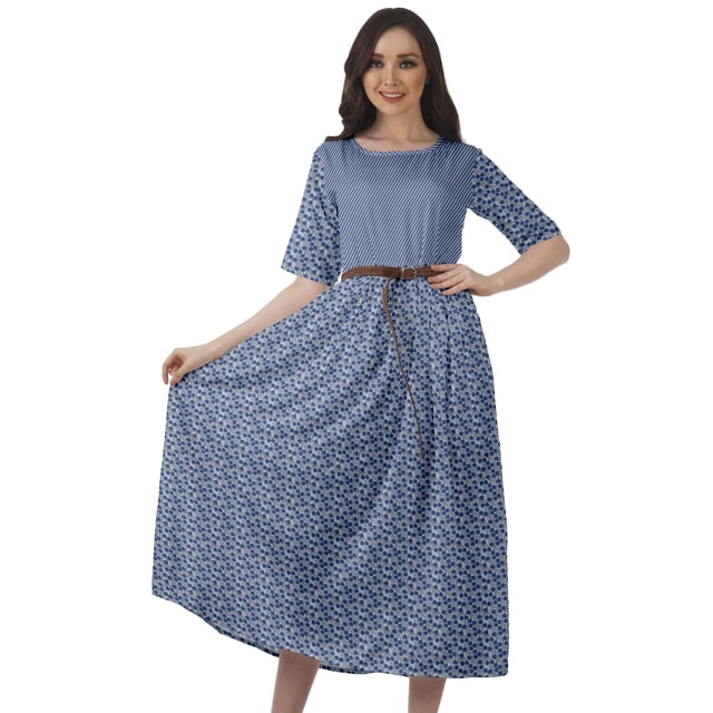 Moomaya Robe Midi à Encolure Dégagée, Robe Plissée pour Femmes, Robes Évasées Évasées Ligne A