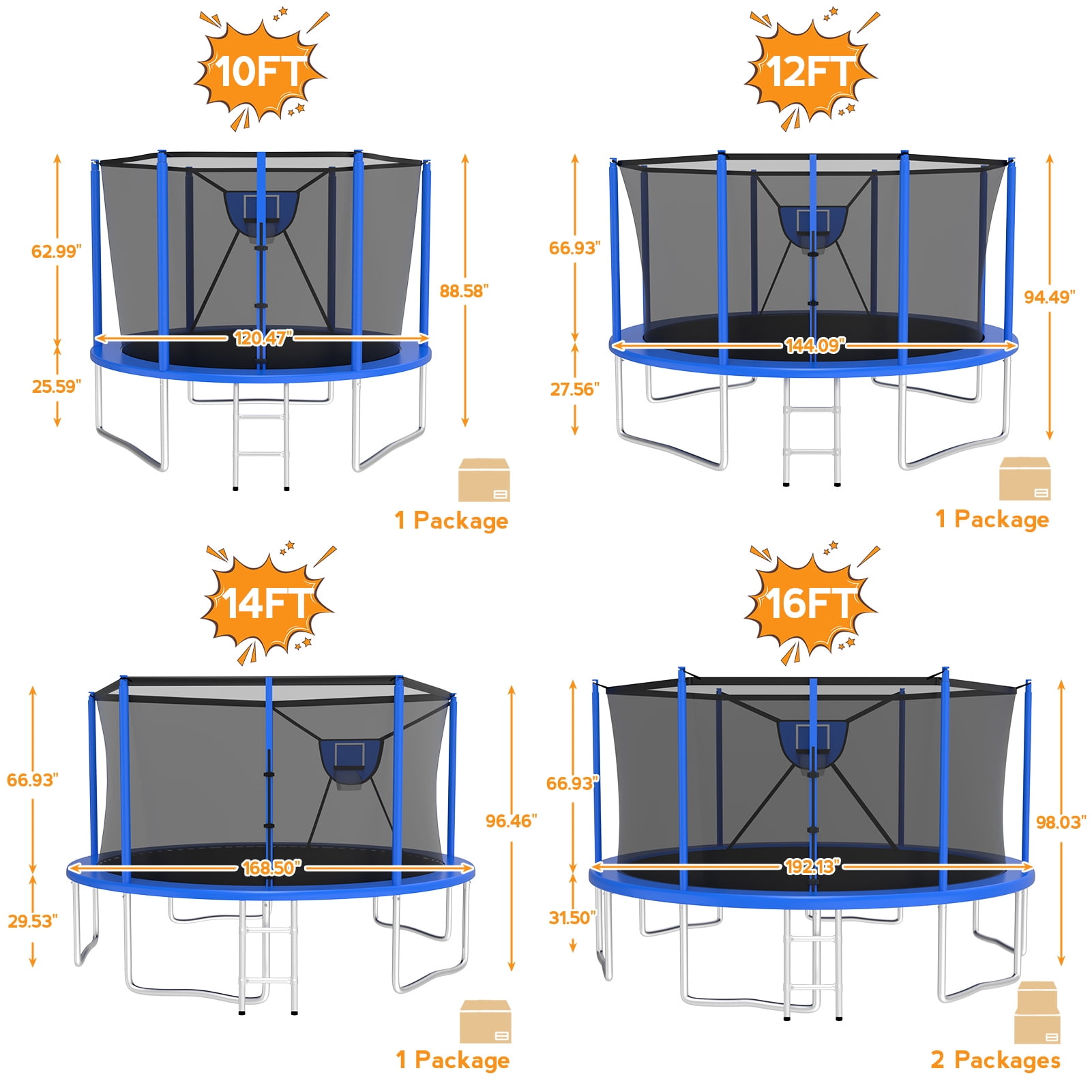 KOFUN Trampoline 12FT with Basketball Hoop for Kids and Adults, Capacity 1200LBS, Outdoor Backyard Trampoline with Enclosure Net, Ladder, Light, Blue