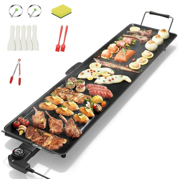 AORAN 35" Electric Griddle Teppanyaki Grill, Nonstick Extra Large Griddle Long Countertop Grill with Adjustable Temperature & Drip Tray, Easy-to-clean BBQ Pancake Griddle for Indoor & Outdoor Cooking