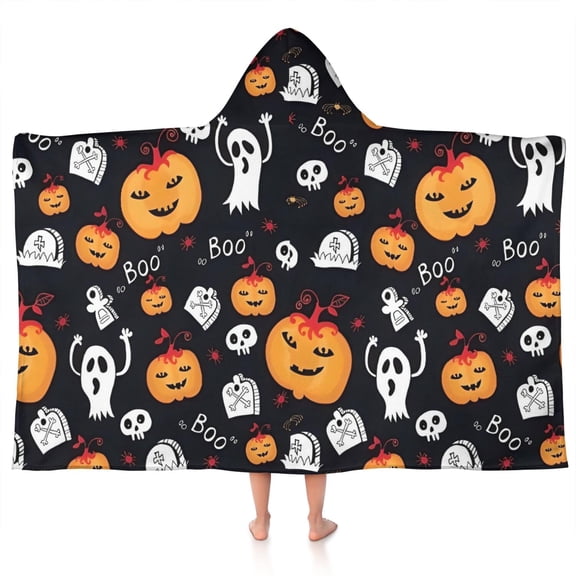 Classic Halloween Icons Pattern Hooded Bath Towel50"x30" for Ages 3 To 12 Kids, Quick Dry Lightweight Soft Microfiber Hood Beach Towel Cover Up for Kids