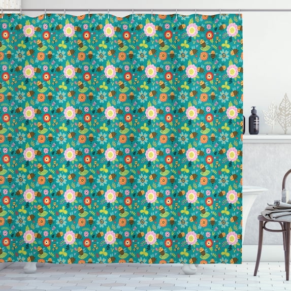 Bee Shower Curtain, Funny Nature Cartoon with Smiling Bees Making Honey from Flower Pollen in the Forest, Fabric Bathroom Set with Hooks, 69W X 84L Inches Extra Long, Multicolor, by Ambesonne