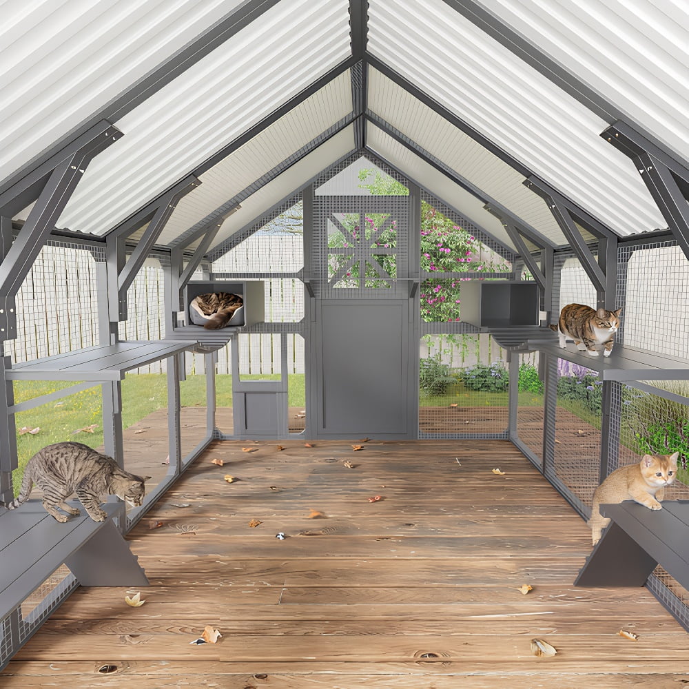 Large Wooden Outdoor Catio, Walk-in Cat Enclosure with 8 Platforms, 2 Insulated Resting Boxes & Bridges, All Weather PVC Roof Cat House for Multiple Cats