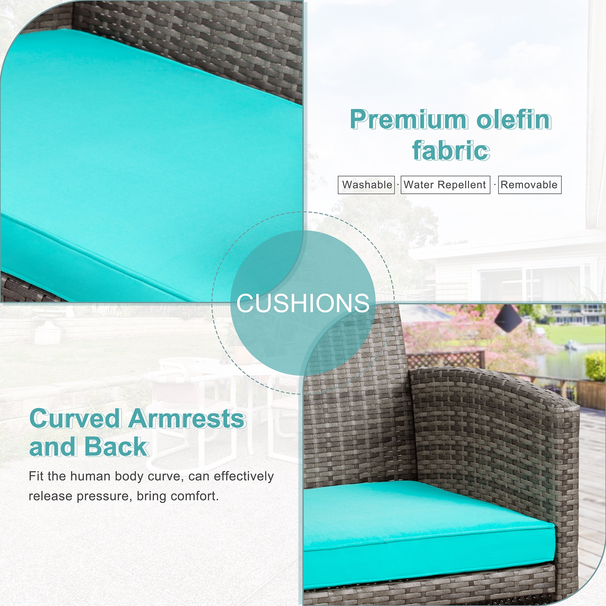 Walsunny Outdoor Patio Rattan Wicker Furniture Conversation Set 4 Piece with Cushions Tempered Glass Tabletop,Blue