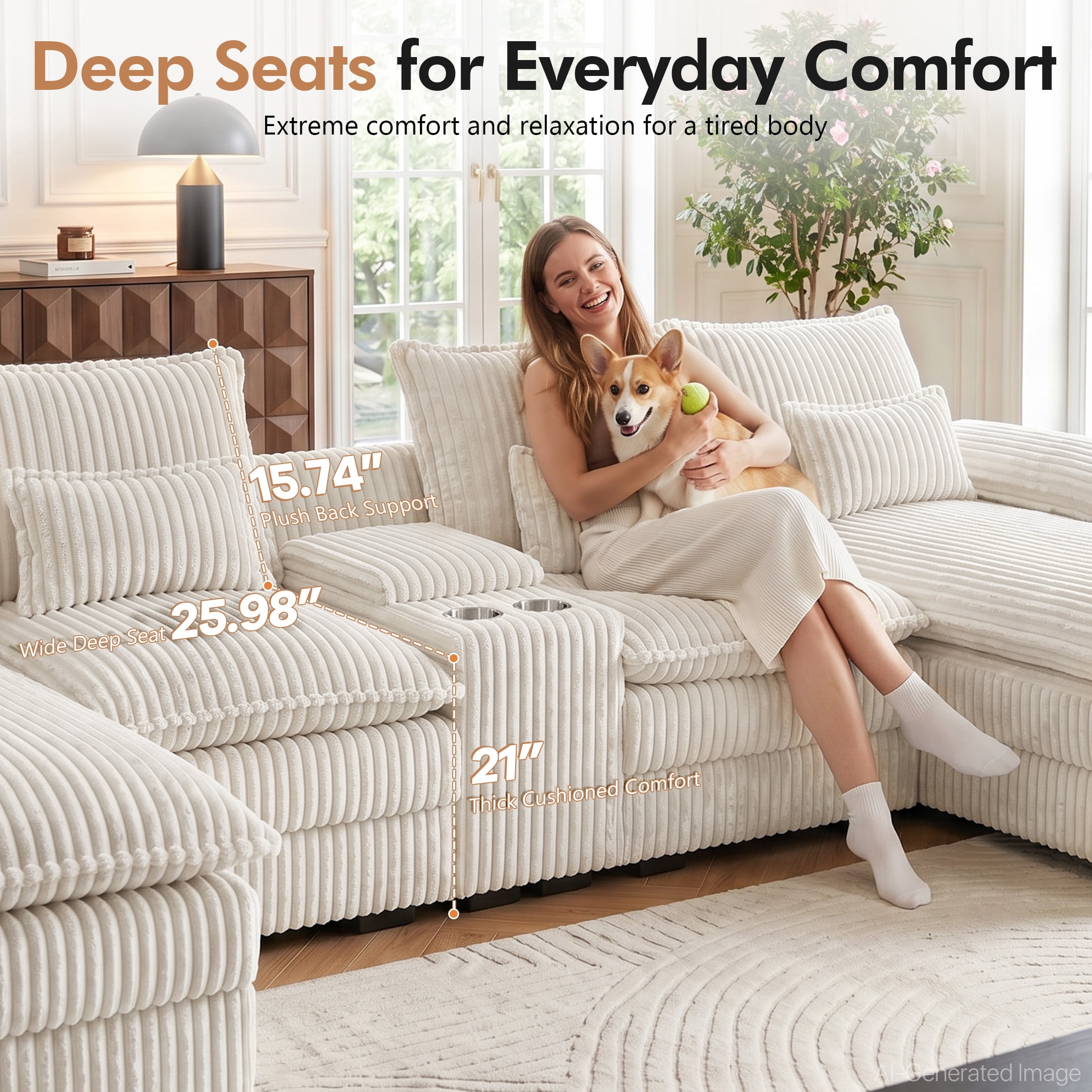 Aenkyo 125 Inch Chenille U-Shaped Sectional Sofa with Console and USB Ports, White