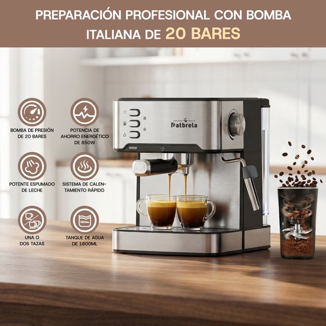Cafetera Espresso Semiautomática Patbrela Cm004, 20 Bares, 2 Tazas, Vaporizador, Compatible con Cápsulas Nespresso, con Molinillo de Café Independiente, Tanque de Agua de 1.6L
