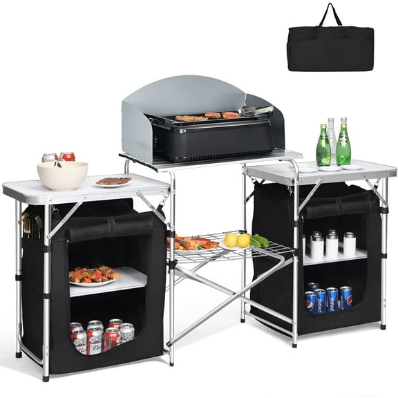 REKHH Camping Kitchen Station, Folding Grill Table with 26'' Tabletop, 2 Side Tables, Storage Organizer, Detachable Windscreen, Portable Camp Cook Outdoor Prep Station Backyard BBQ Picnic (Black)