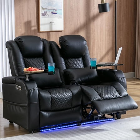 Home Theater Seating Seats, Game Movie Theater Chairs Recliner Sofa with 7 Colors Ambient Lighting, Black