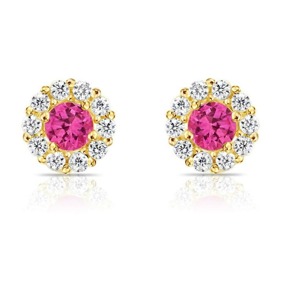 Tilo Jewelry 14K Yellow Gold Small Halo Stud Post Earrings with Pink CZ Birthstone | Secure Screw-backs | July-Ruby | Women & Unisex