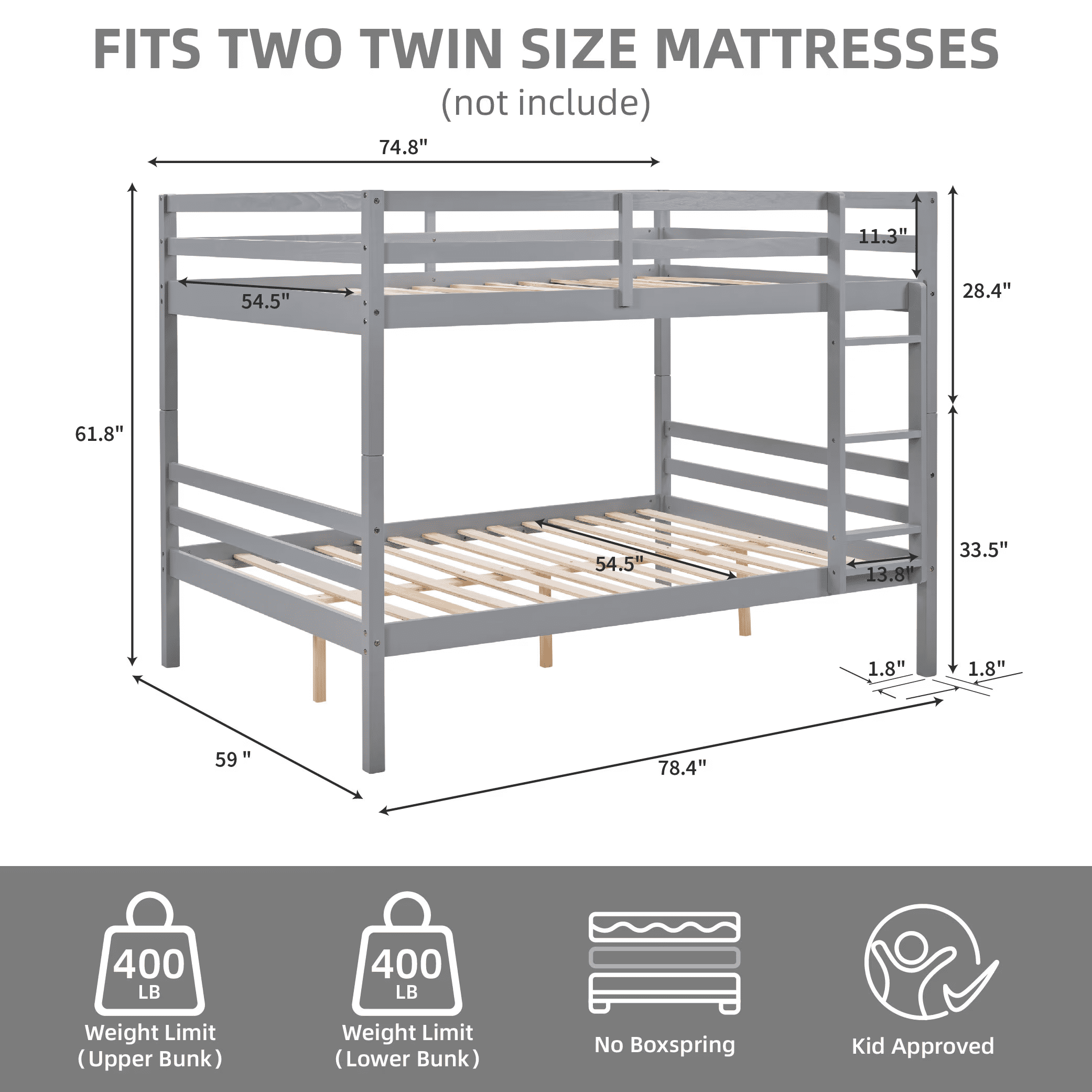 MAYEERTY Full over Full Bunk Bed with Ladder, Wooden Bed Frame with High Guardrail and Ladder for Kids, No Box Spring Needed, Grey