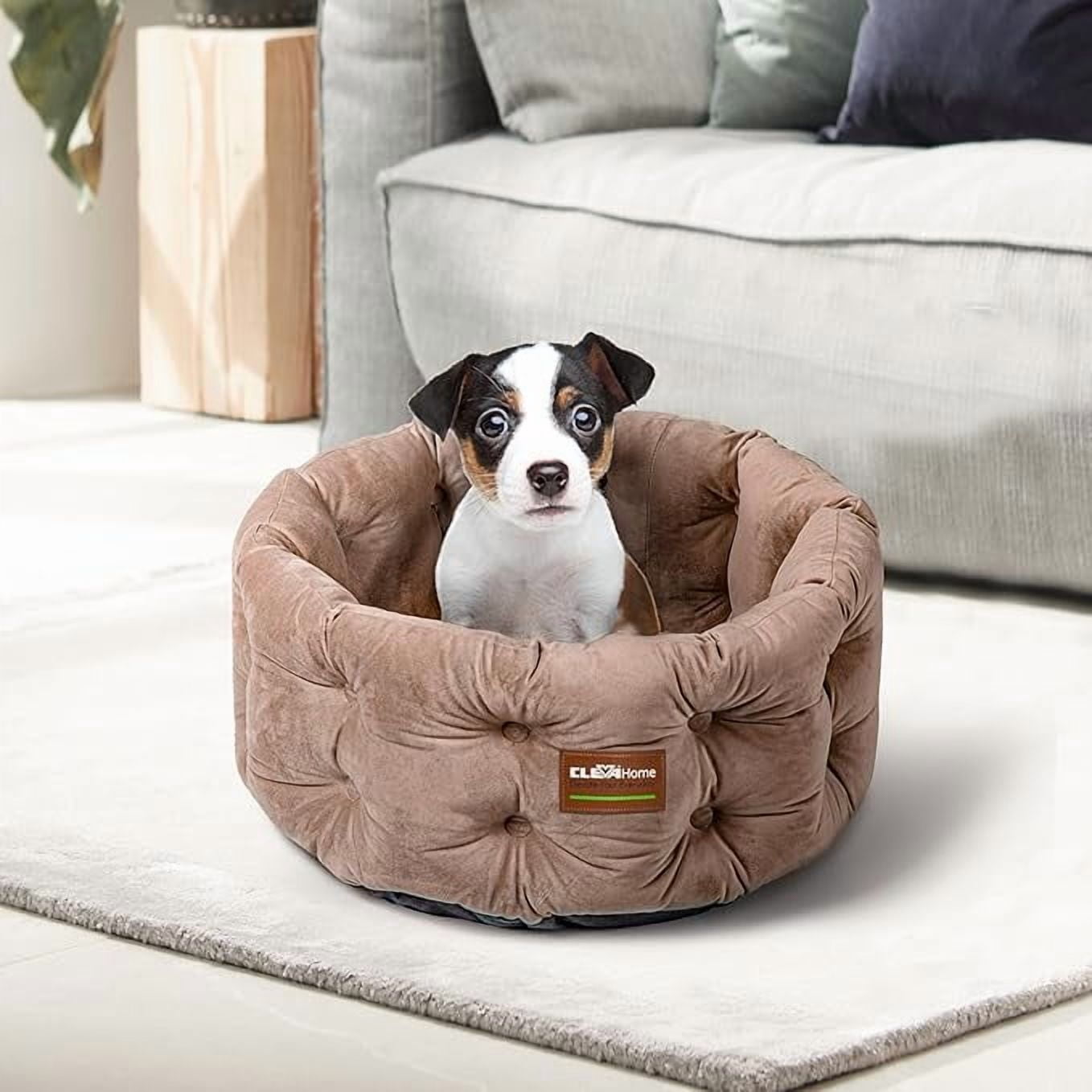 ClevaHome Deep Nest Cat Bed for Small Pets up to 15lbs - Round Cat Beds for Indoor Cats, Luxurious Velvet Feel, Extra High Sides, Machine Washable Comfort Pet Bed with Non-Slip Bottom (Warm Beige)