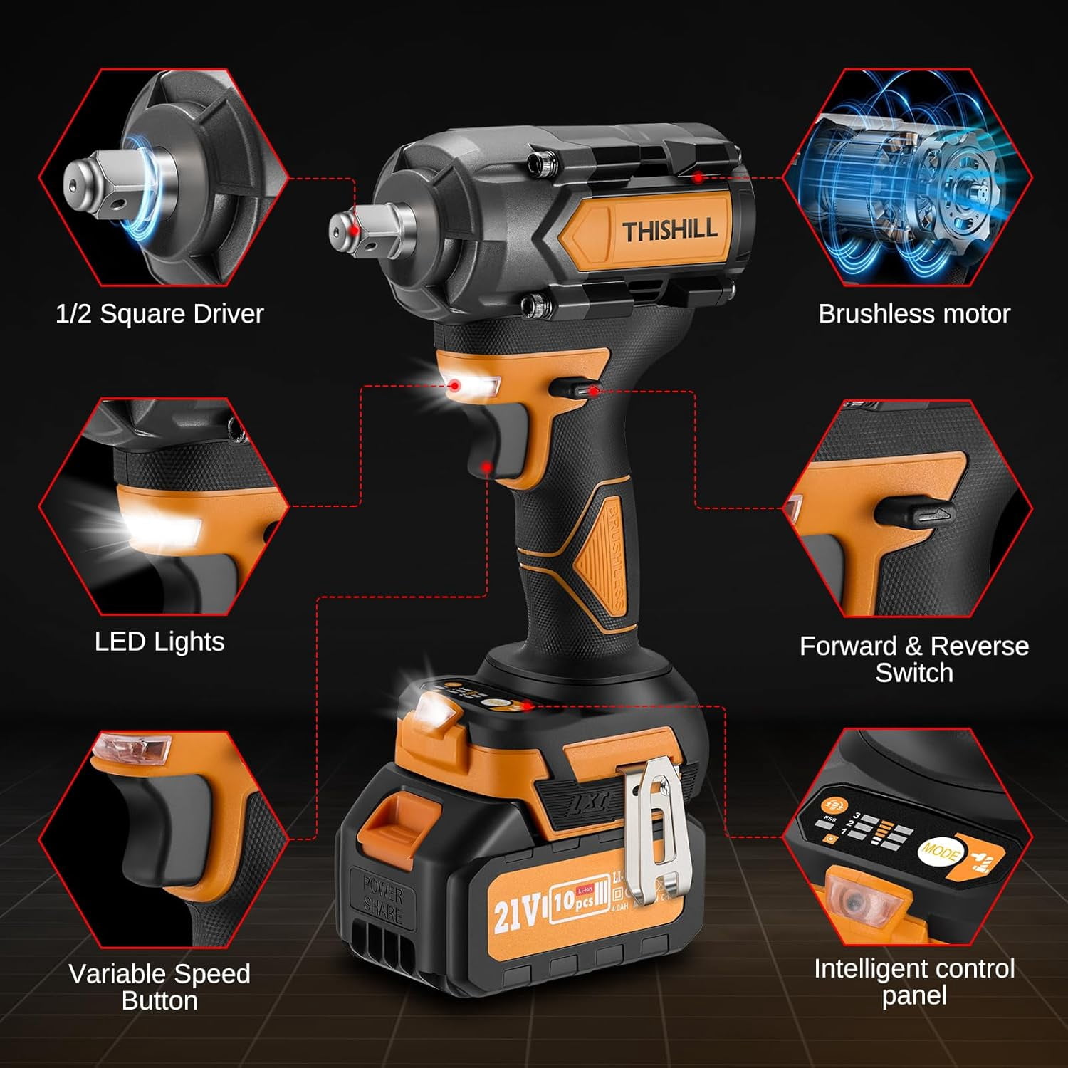 45PCS Cordless Impact Wrench,600Nm(443Ft-lbs),1/2 Inch Brushless lmpact Driver Set,w/Two 4.0Ah Battery,17 Sockets,High Torque Power Impact Gun for Car Home