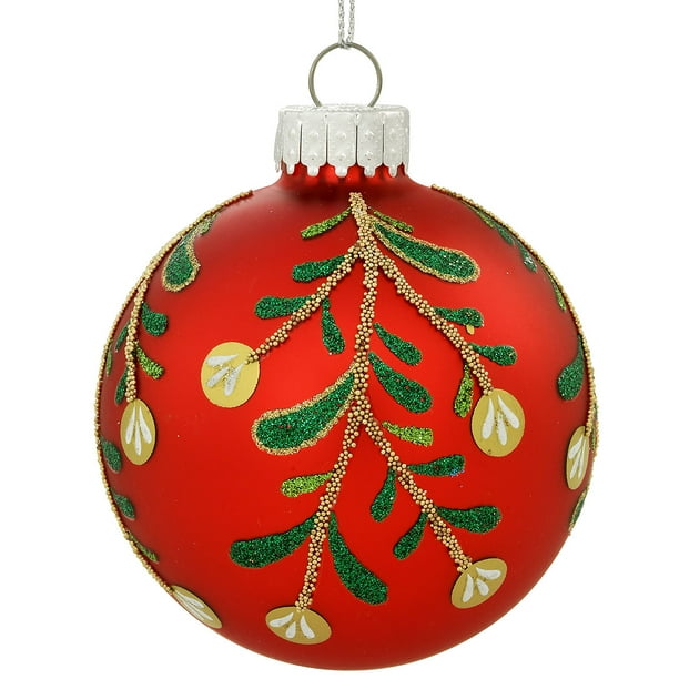 mistletoe design on red glass ornament