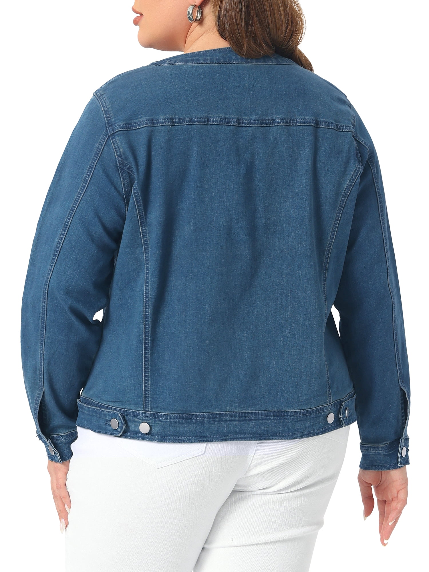 DARING DIVA Women's Plus Denim  Collarless Button Down Cargo Jean Shacket 3X Blue