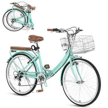 Bstjewey 24 Inch Folding Women’s Beach Cruiser Bike, 7-Speed, Basket & Cup Holder