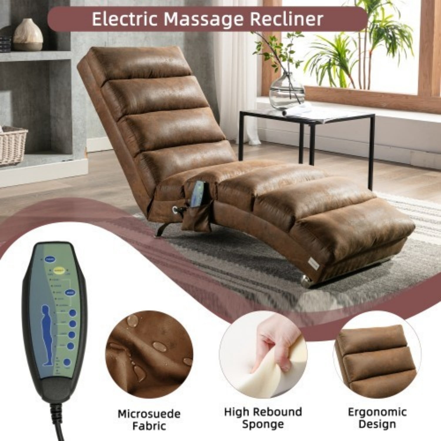Upholstered Chaise Lounge Chair with Vibration, Modern Fabric Leisure Recliner with Ergonomic Fixed Back, Side Pocket & Lumbar Pillow, 300 lbs Capacity, Coffee
