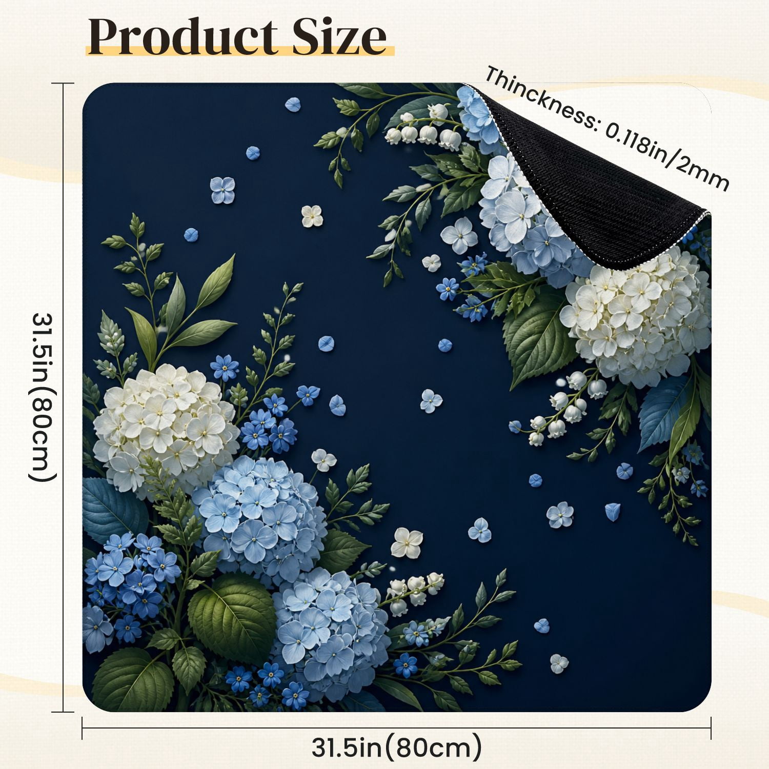 Mahjong Mat 31.5" x 31.5" Blue White Hydrangea Floral Green Leaves Dark Non-Slip Noise Reduction Mahjong Tiles Table Cover for Dominoes Poker Card Board and Tile Games