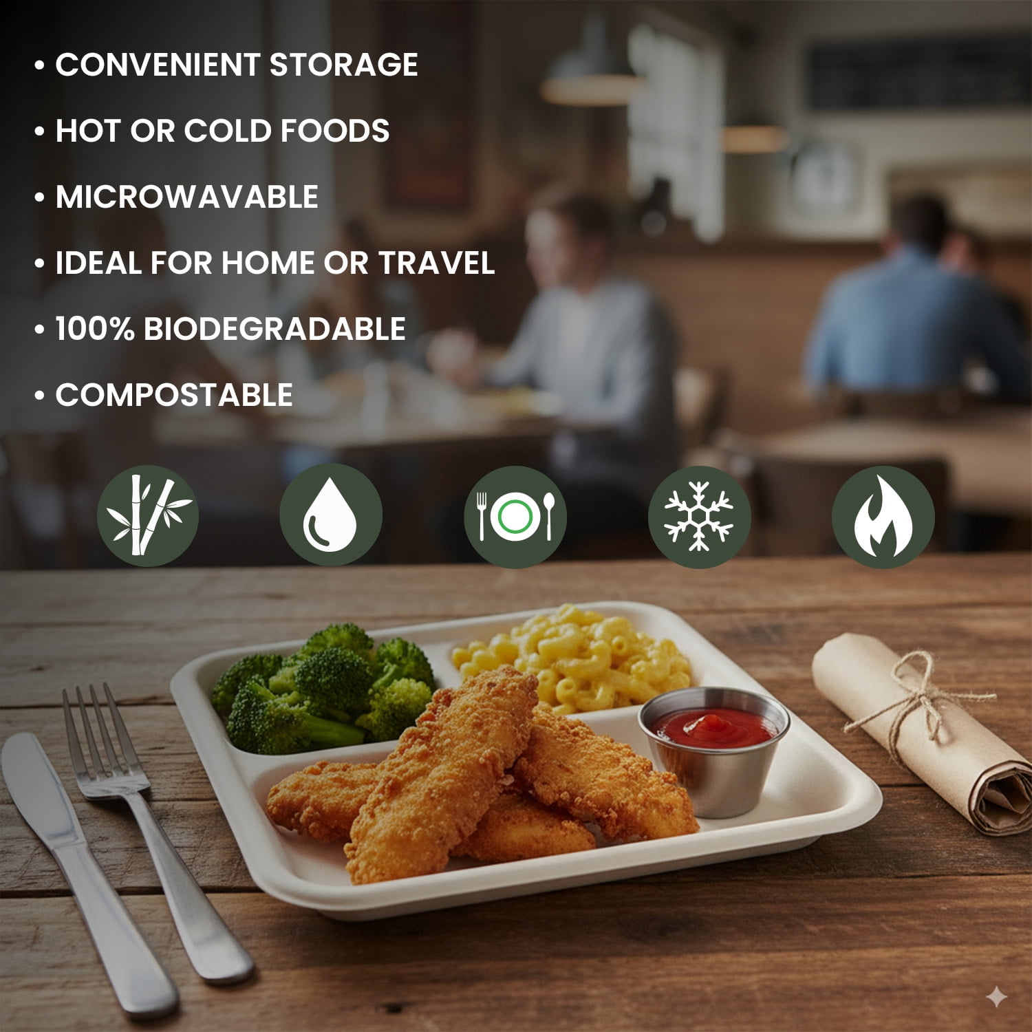 FPN Plates Square 3-Compartment 125 Pack Disposable Trays – Sugarcane Fiber, Biodegradable & Compostable, Paper Plates for Meals, Catering, School Lunch, Microwave & Freezer Safe