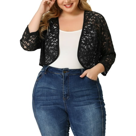 MODA NOVA Juniors Plus Size Lace Crop Shrug Cardigan Black 1X