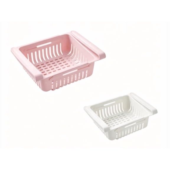 Refrigerator Drawer Organizer Retractable Storage Box Adjustable Kitchen Pull Out Rack White Pink