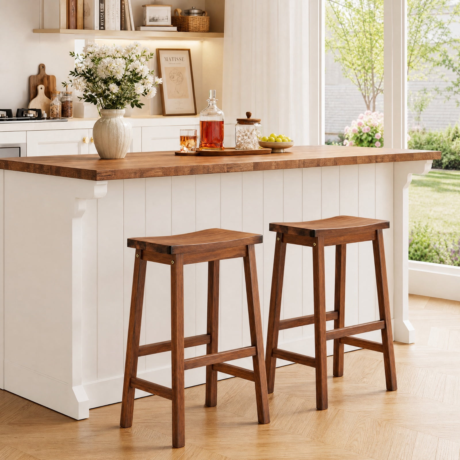 Furnibear Set of 2 Saddle-Seat Counter Height Stools with Curved Seat and Footrests for Kitchen Island Counter Bar Pub Dining Home, Walnut