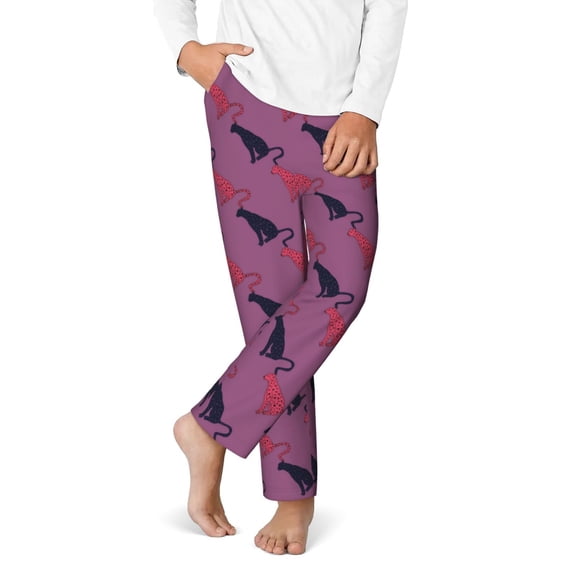 Gukieu Leopard Print Print Youth Home Trousers, Elastic Waistband with Pockets for Home and Outing, Suitable for Children Aged 5-16-XS(5-6)