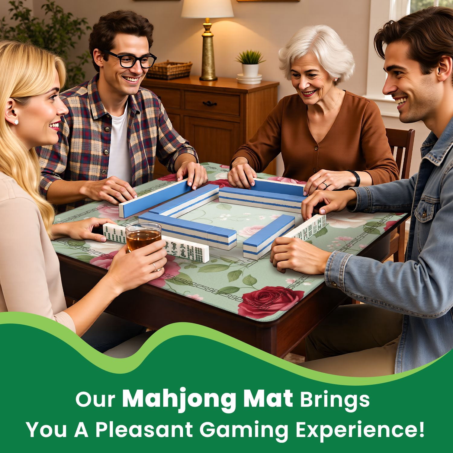 Mahjong Mat 31.5" x 31.5" Vintage Floral Roses Red Pink White Green Non-Slip Noise Reduction American Mahjong Tiles Table Cover for Dominoes Poker Card Board Games Gift