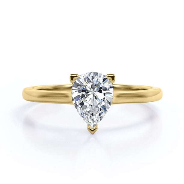JeenMata Solitario - Moissanita en Forma de Lágrima de 1 Quilate - Anillo de Compromiso de 4 Puntas - Baño de Oro Amarillo de 18 K sobre Plata
