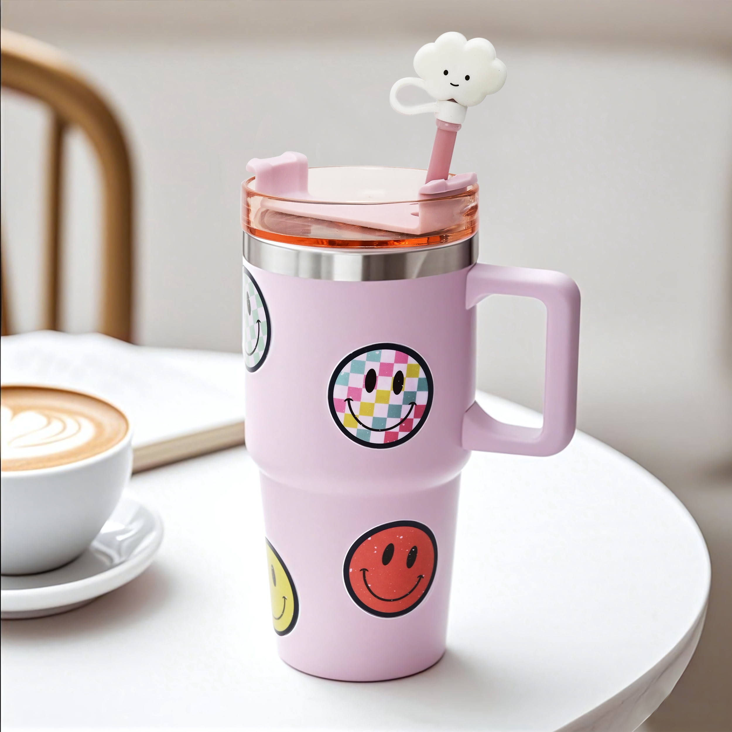 Gobelet pour enfants en acier inoxydable rose avec paille, couvre-paille nuage et 6 amovible Smiley autocollants, 20 oz