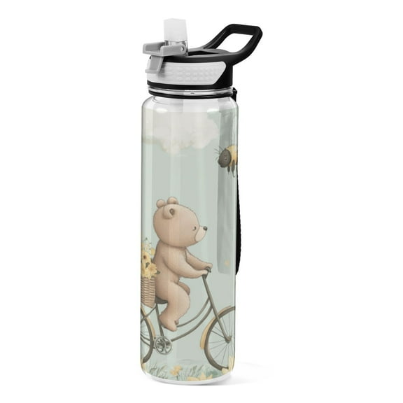 Qxltty Cut Bear Riding Bicycle Water Bottle 32 oz with Straw BPA Free Reusable Fitness Sport Bottle Perfect for Travel School Outdoors and Gym