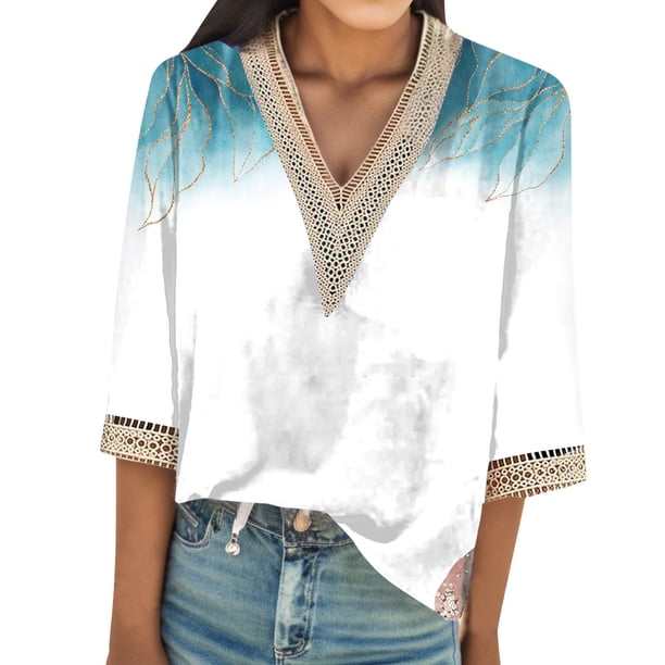 Gibobby Camisetas Mujer Manga Corta Camiseta cómoda manga corta con cuello en V estampada estilo occidental informal para mujer(Verde de menta,XL)