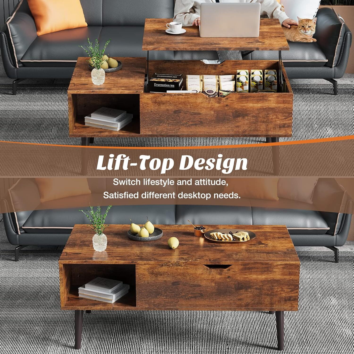 AENKYO Coffee Table, Lift Top Coffee Tables for Living Room with Storage Shelf and Hidden Compartment,Brown