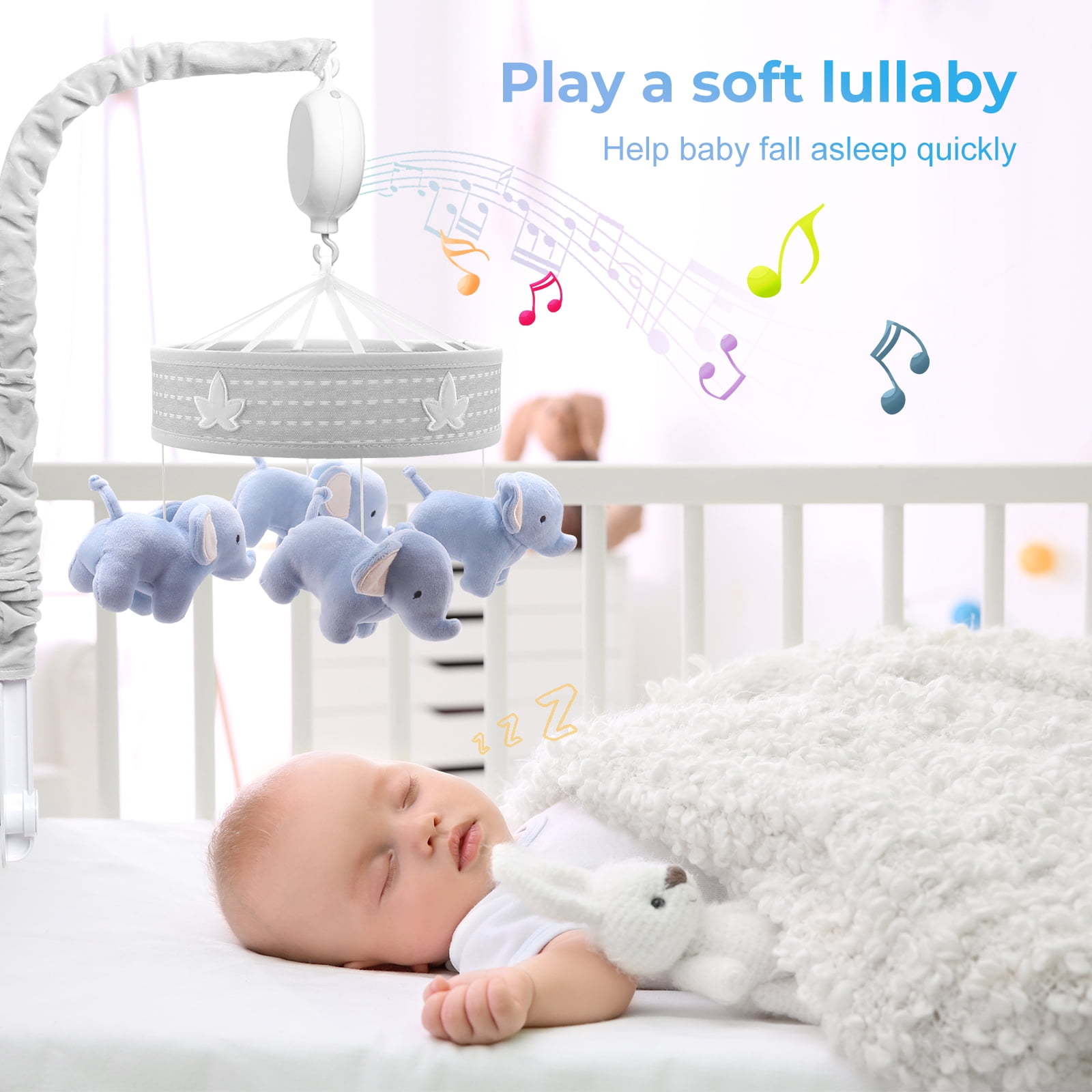 SUMWE Baby Mobile for Crib Nursery Musical Mobiles for Girls Toys for Baby Crib Carousel Mobile Boy Mobile for Pack and Play Elephant Parade Crib Decoration Clip on Mobile for Bassinet