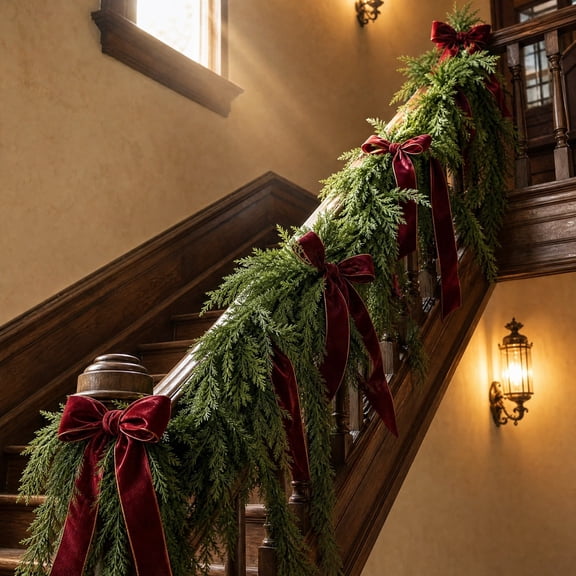 PEONAVET 5.9FT Norfolk Pine Christmas Garland, Real Touch Artificial Greenery Garland with Red Berry for Table, Mantle, Wall — Indoor/Outdoor Christmas Decorations