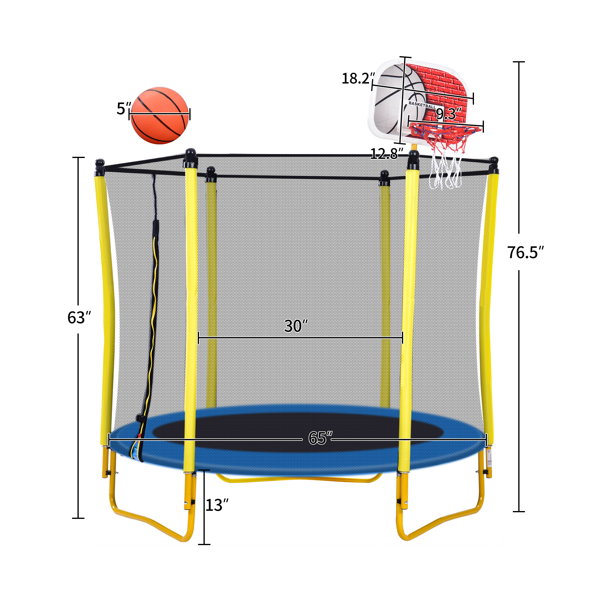 Leumius 5.5FT Trampoline for Kids,65" Outdoor Indoor Trampoline with Safety Enclosure Net,Mini Trampoline with Basketball Hoop and Ball,Yellow